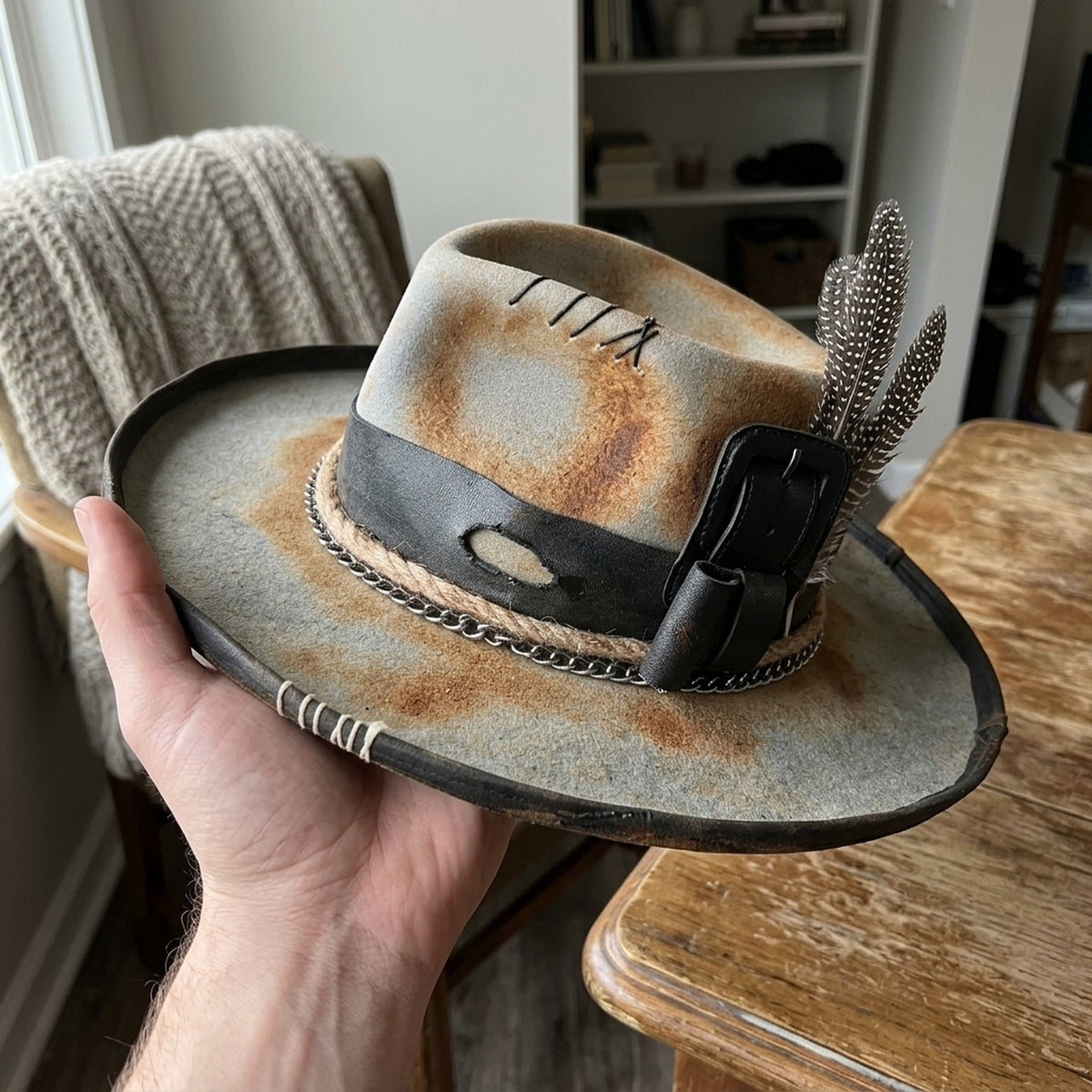 Aged Beige Fedora with Leather Buckle Band and Chain Trim
