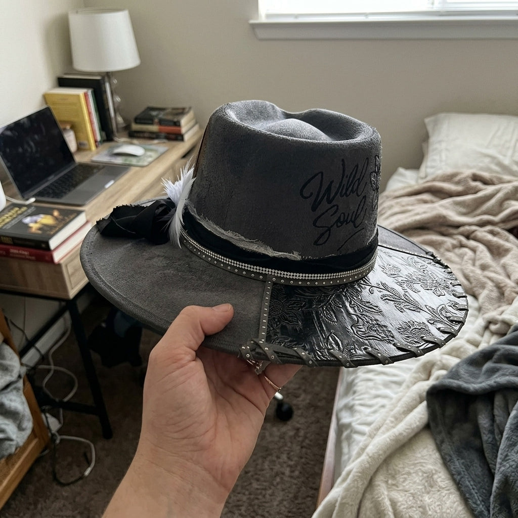 Gray Flocked Fedora Hat with Wild Soul Embroidery and Feather