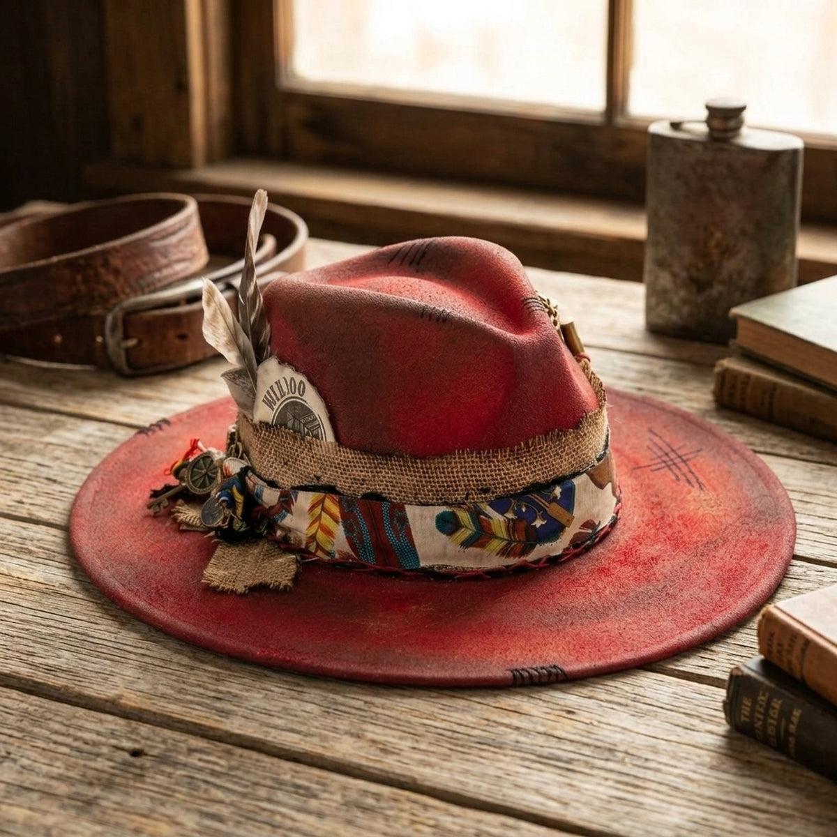 Boho Red Fedora with WILDROO Badge and Charm Details