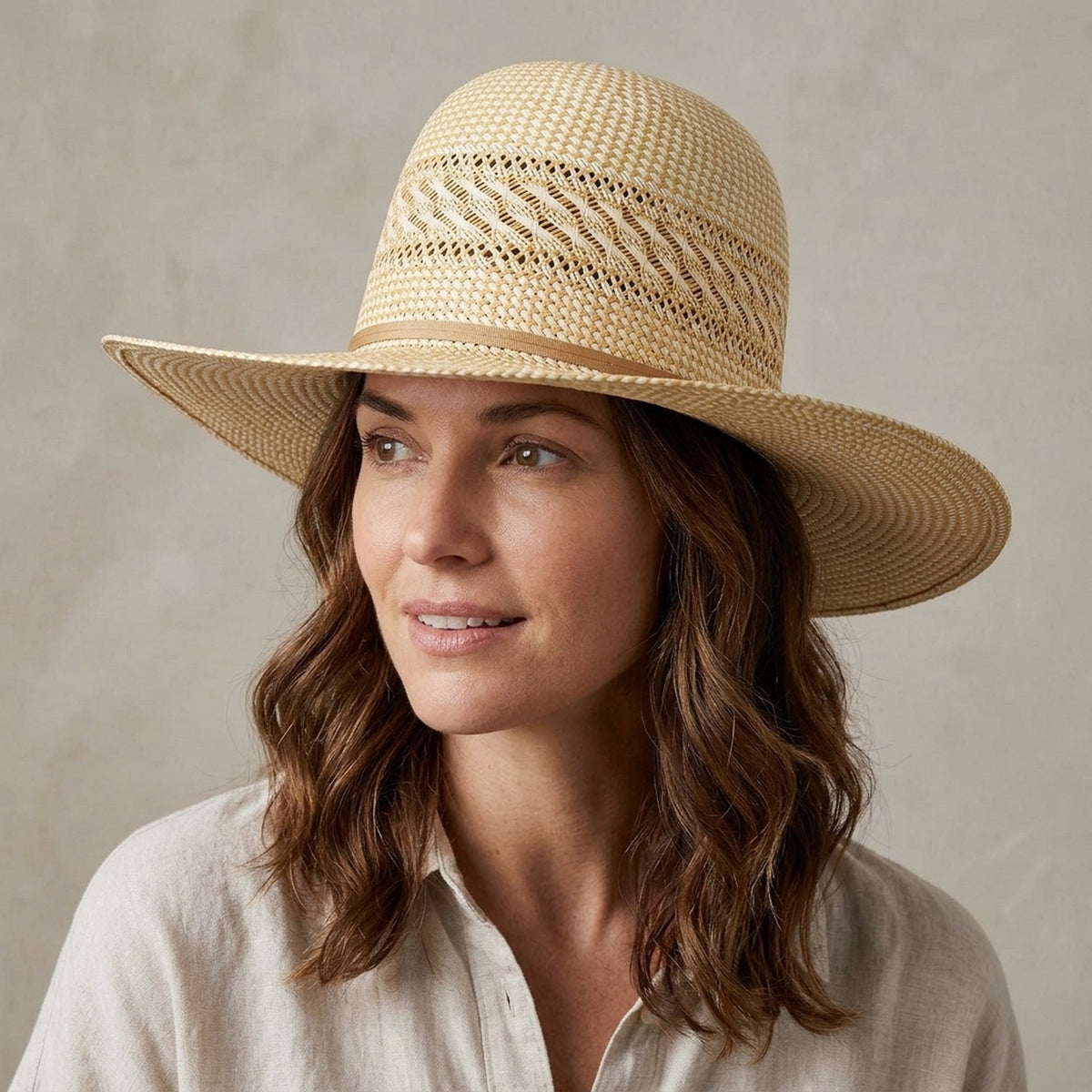 Tan Straw Sun Hat with Ventilated Crown and Grosgrain Band