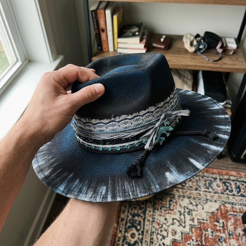 Black Felt Fedora with Tie-Dye Brim Lizard Charm Beaded Trim