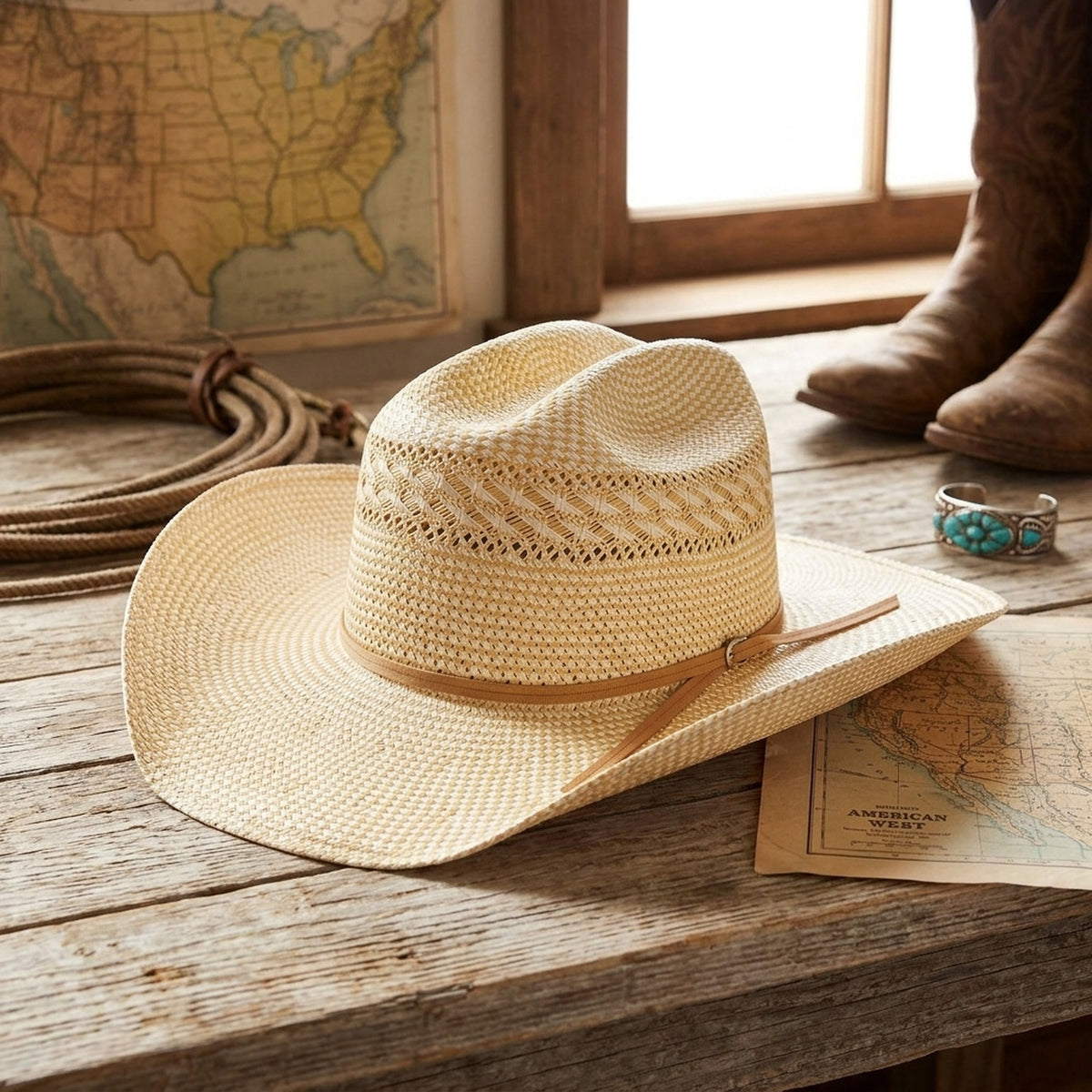 Unisex Open Weave Western Straw Hat with Leather Band Sun