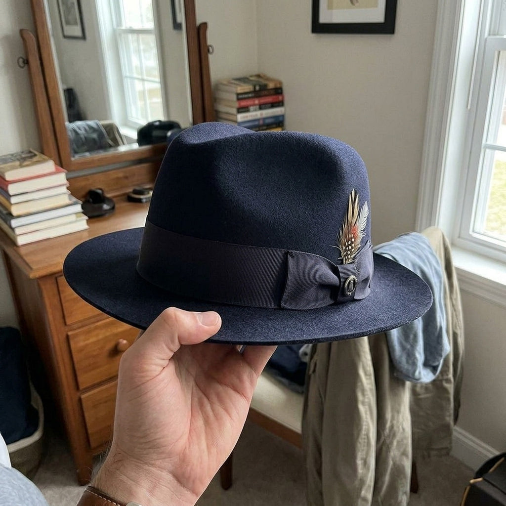 Navy Blue Wool Felt Fedora Hat with Grosgrain Ribbon Band