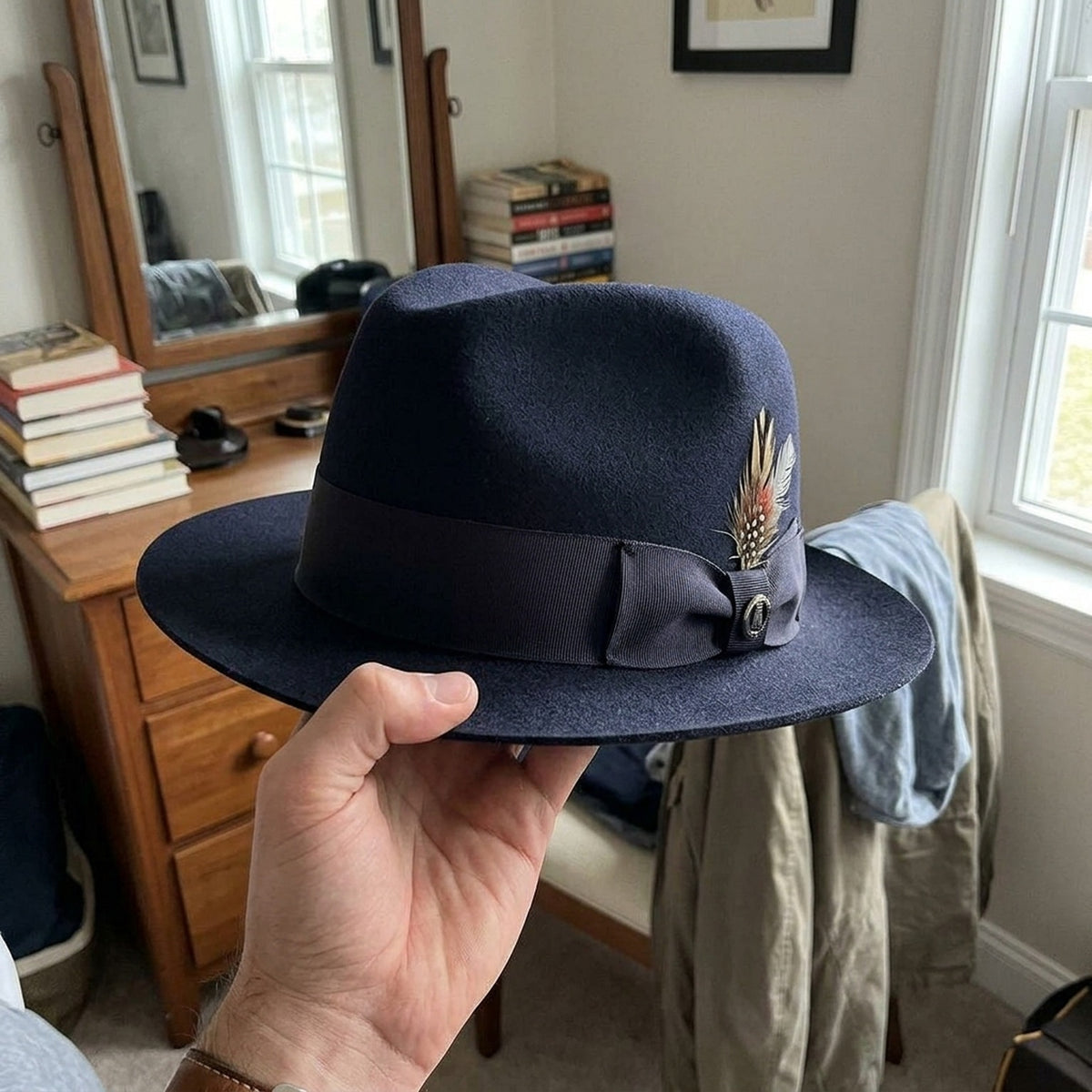 Navy Blue Wool Felt Fedora Hat with Grosgrain Ribbon Band
