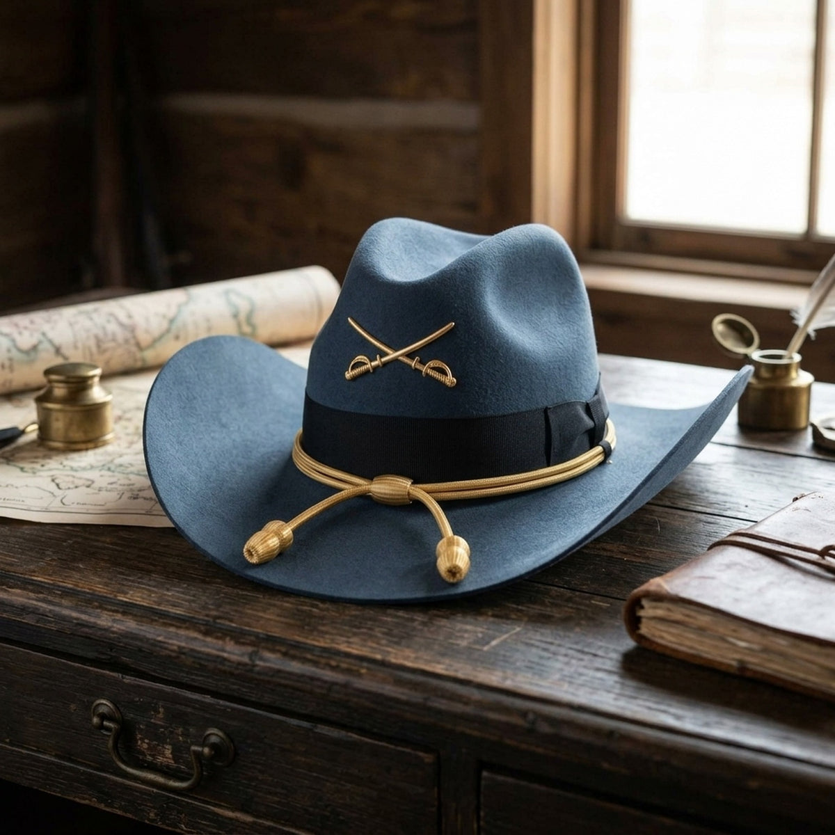 Slate Blue Wool Felt Cowboy Hat with Crossed Sabers Pin