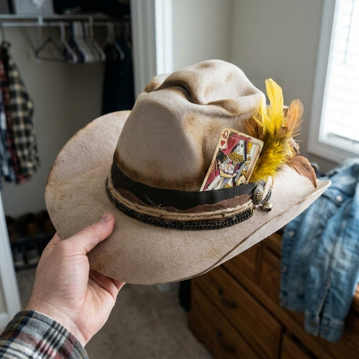 Tan Felt Western Hat Black Grosgrain Band Playing Card Tuck