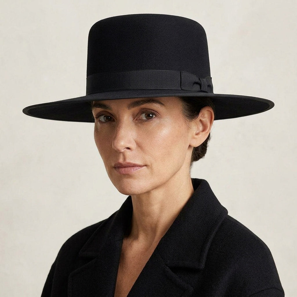 Black Wool Felt Boater Hat with Flat Crown and Grosgrain Band