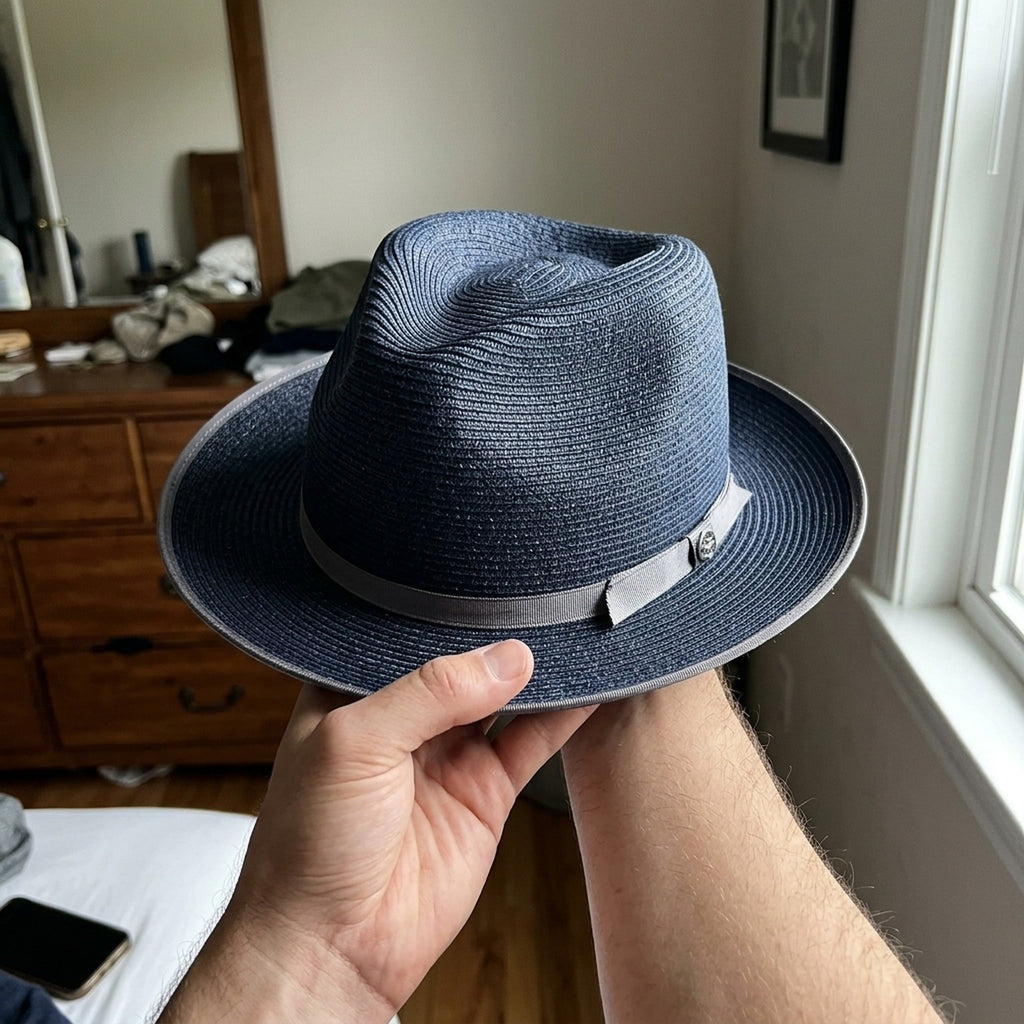 Navy Blue Straw Fedora with Gray Ribbon and Bow Accent