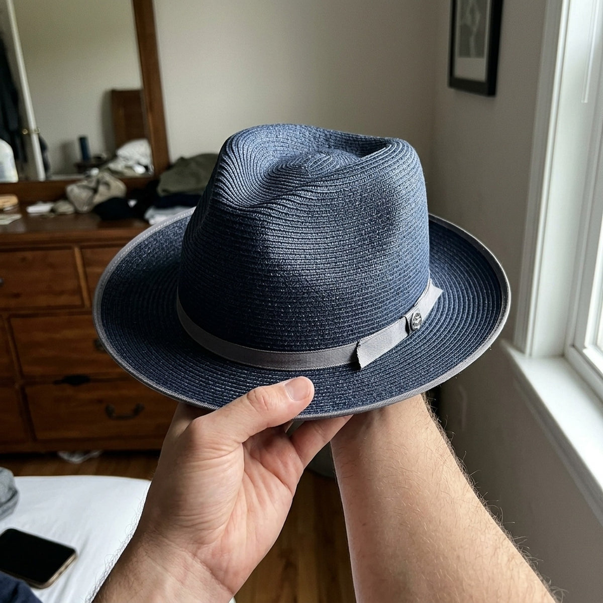 Navy Blue Straw Fedora with Gray Ribbon and Bow Accent