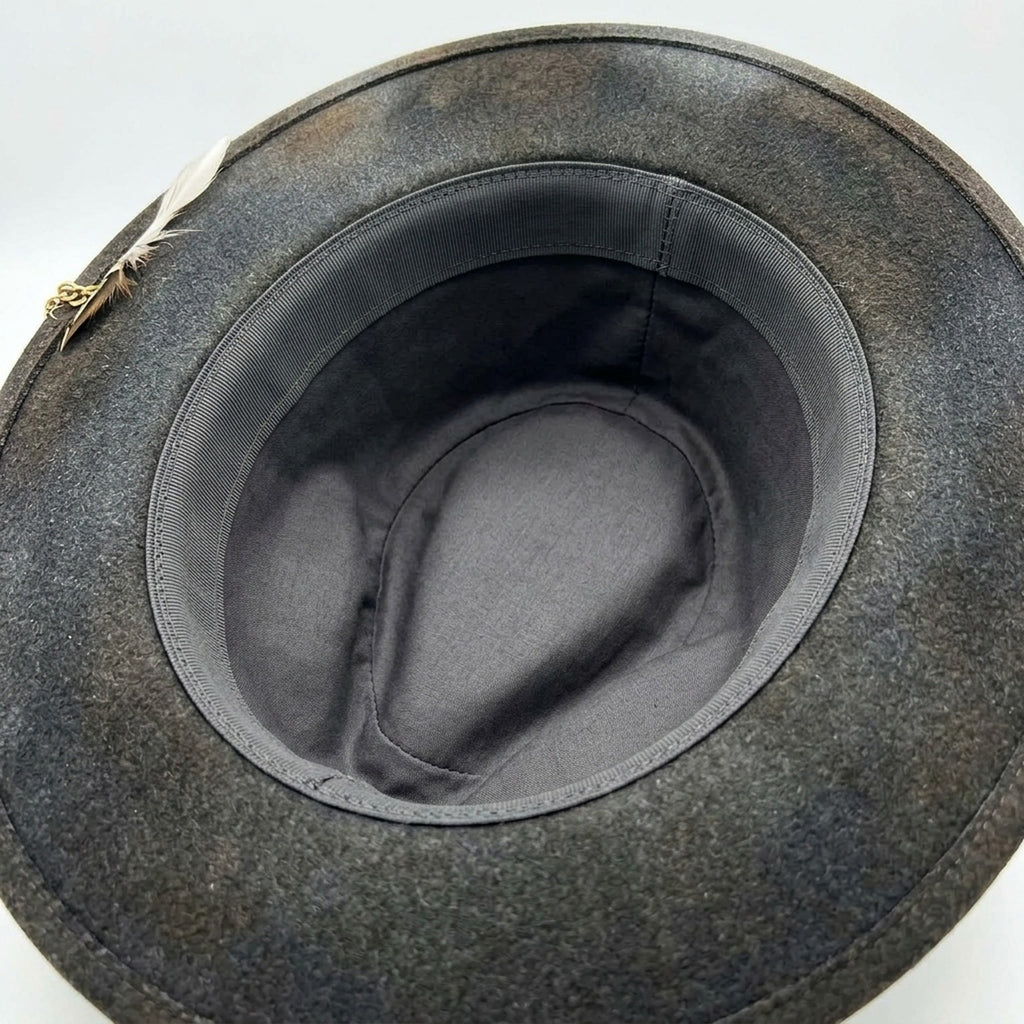 Charcoal Fedora with Gold Chain Zebra Print Band and Feathers