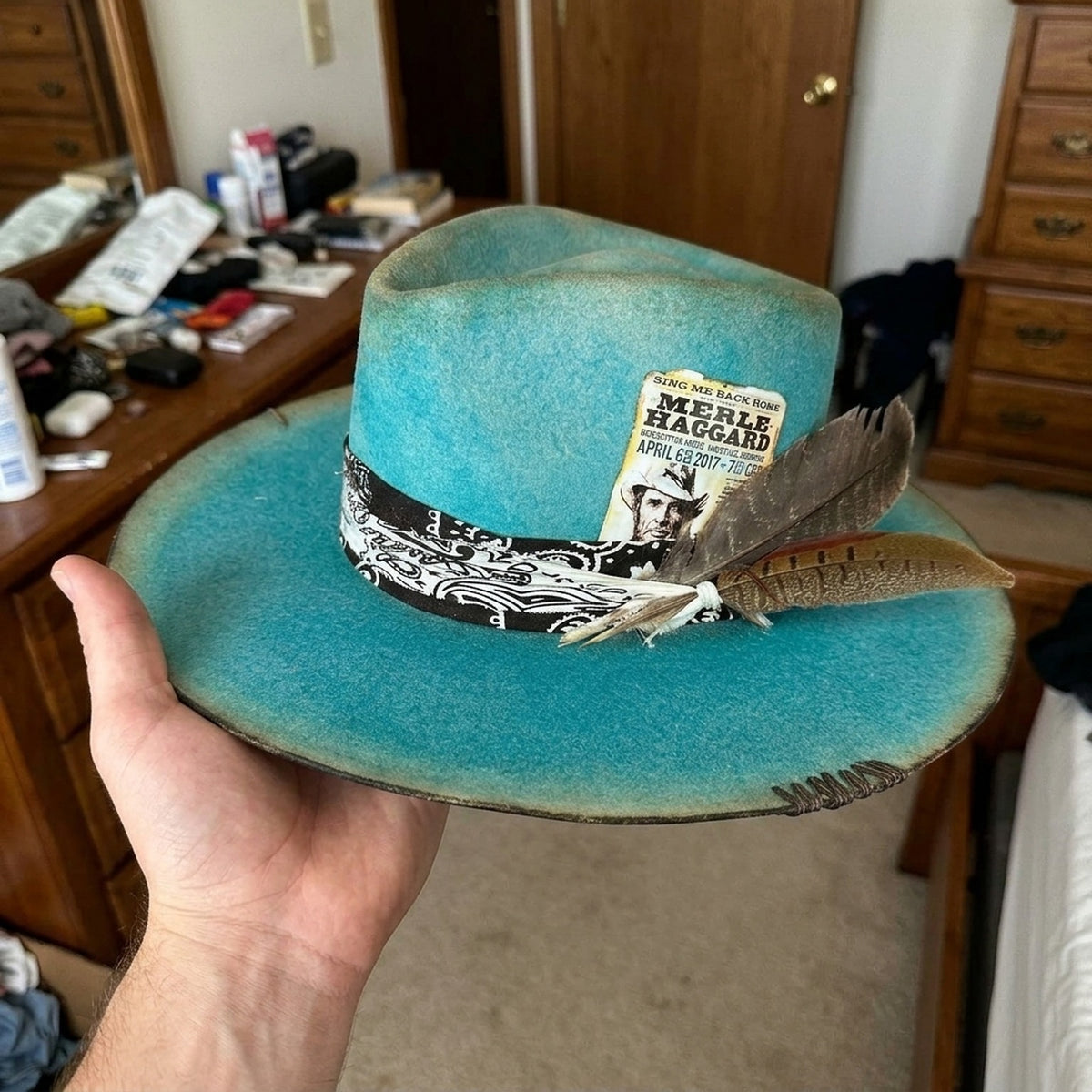 Teal Felt Western Hat with Concert Card Tuck and Feathers