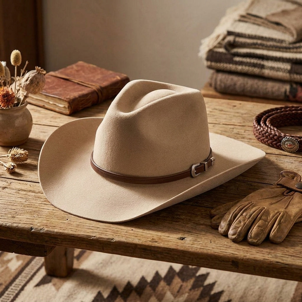 Cream Wool Felt Cowboy Hat with Brown Leather Concho Band