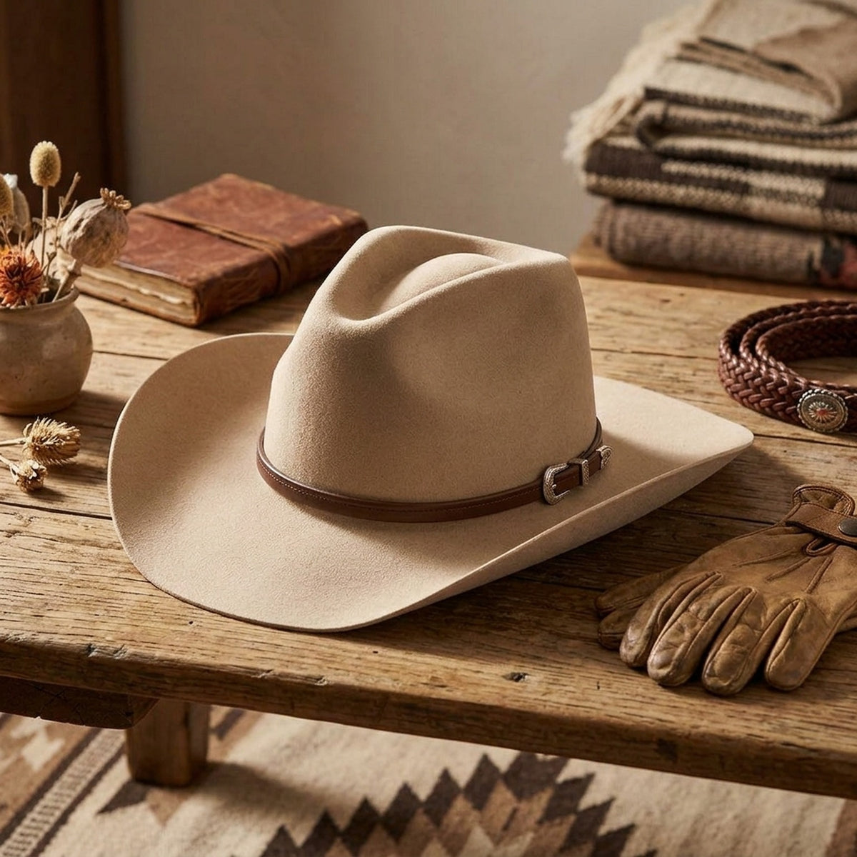 Cream Wool Felt Cowboy Hat with Brown Leather Concho Band