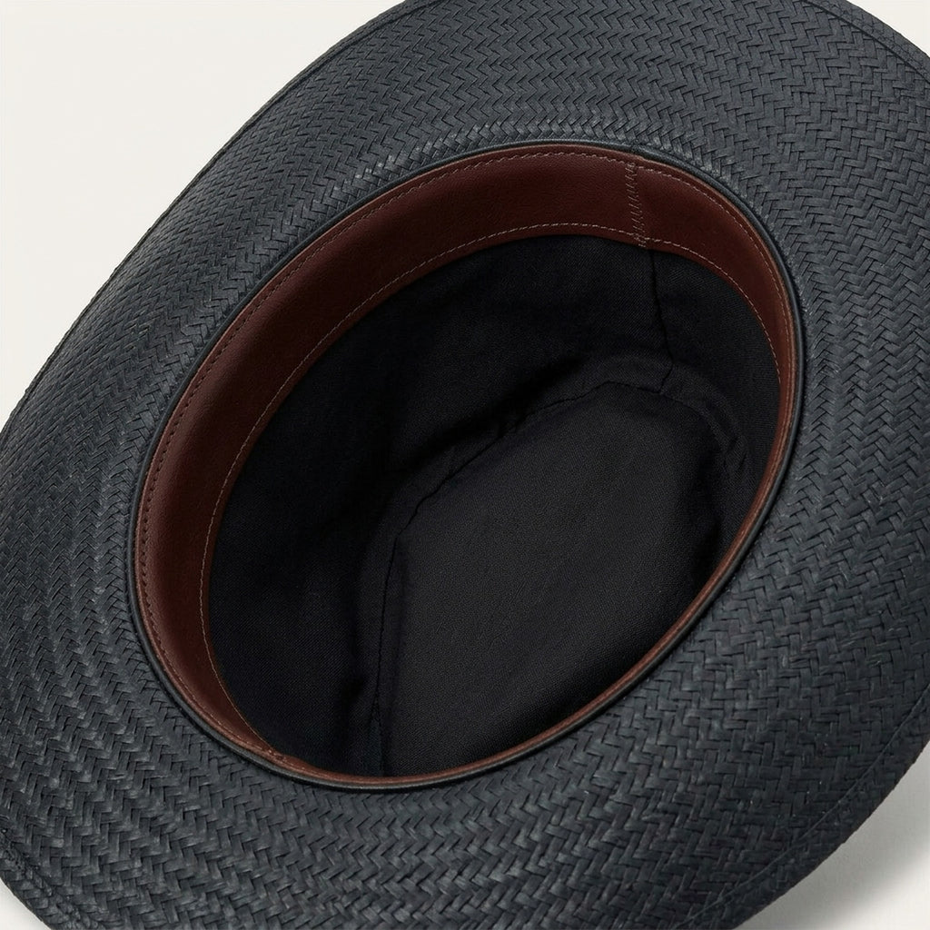 Black Woven Straw Hat With Wide Brim and Leather Band