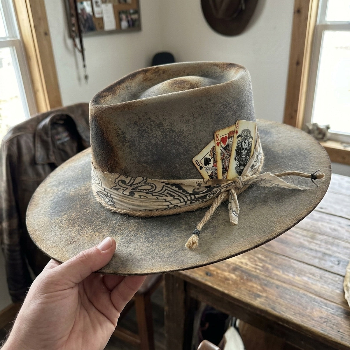Gray Distressed Cowboy Hat with Playing Cards and Bandana Wrap