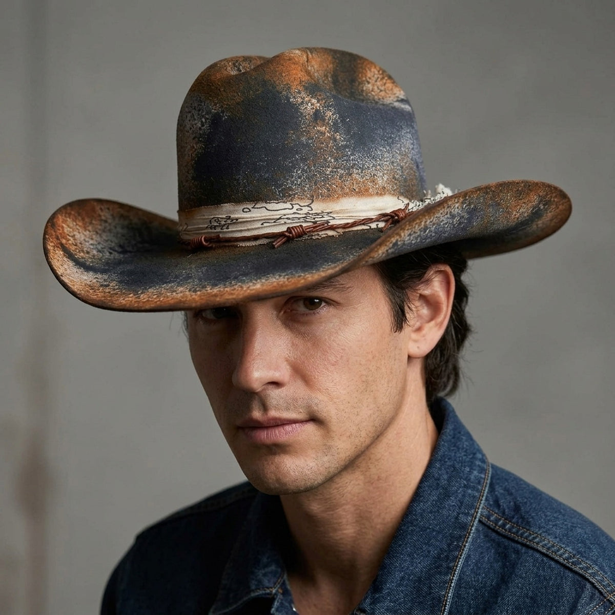 Distressed Rust Black Felt Western Hat with Bandana Wrap