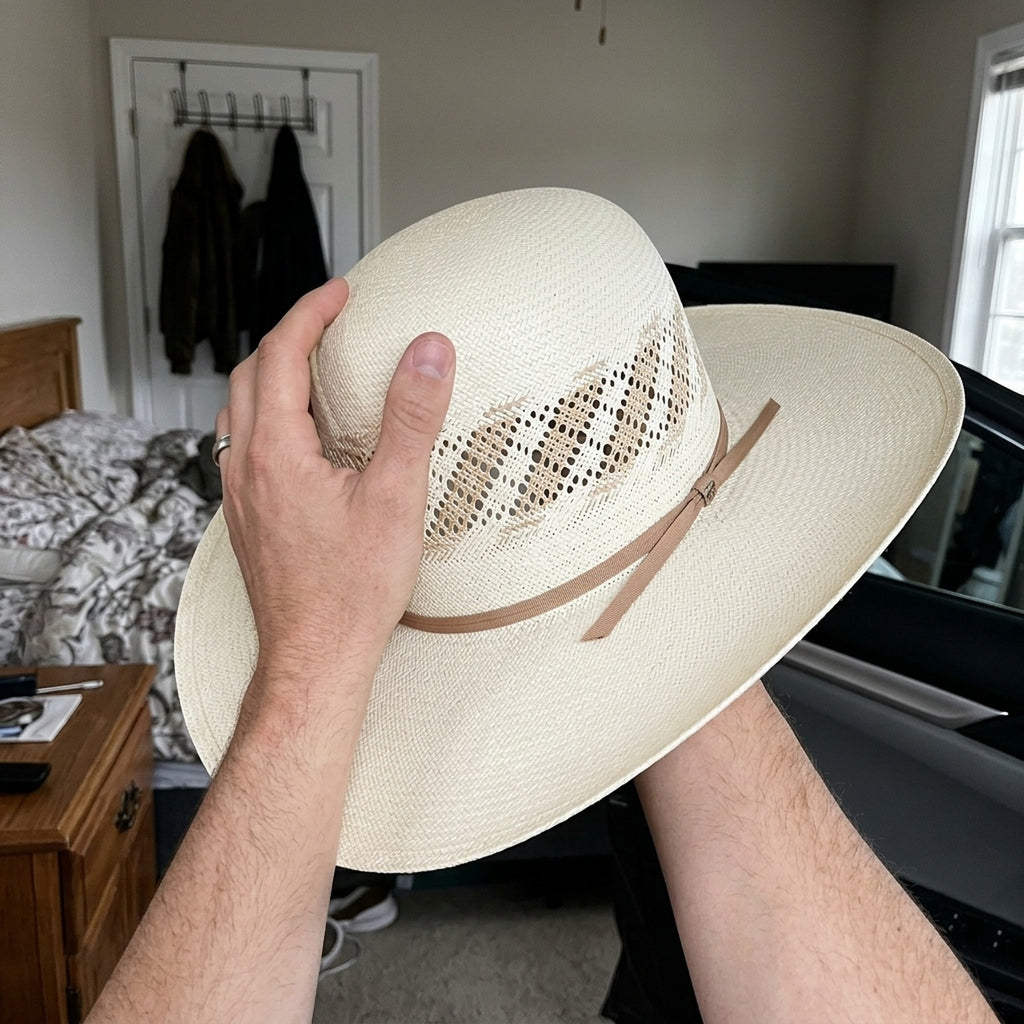Cream Straw Sun Hat with Vented Diamond Crown and Leather Band