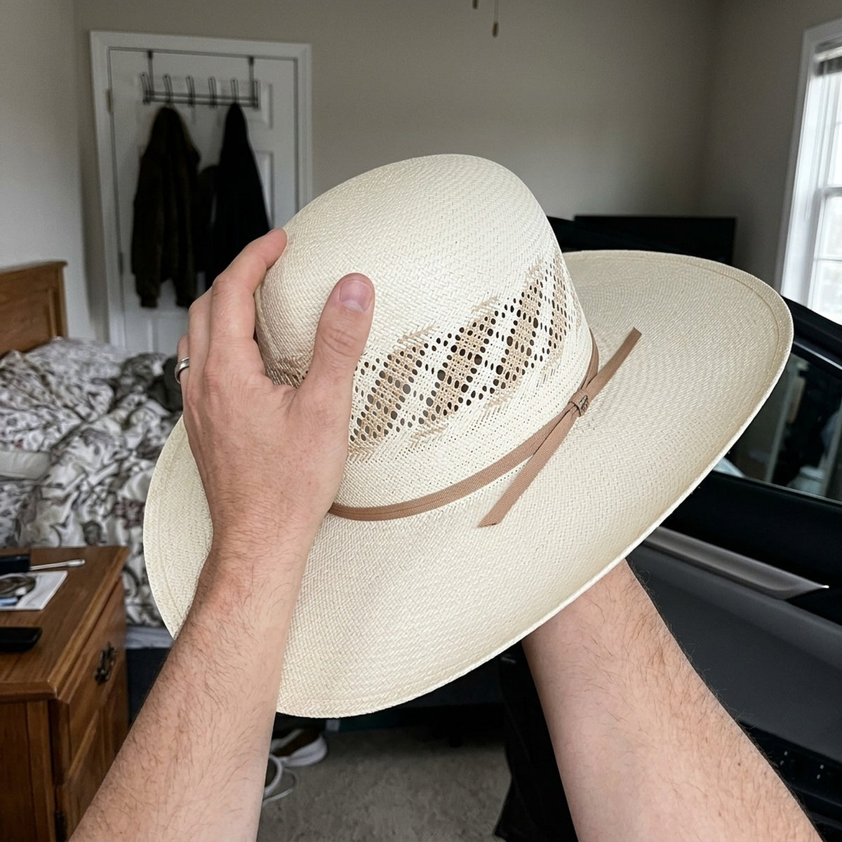 Cream Straw Sun Hat with Vented Diamond Crown and Leather Band
