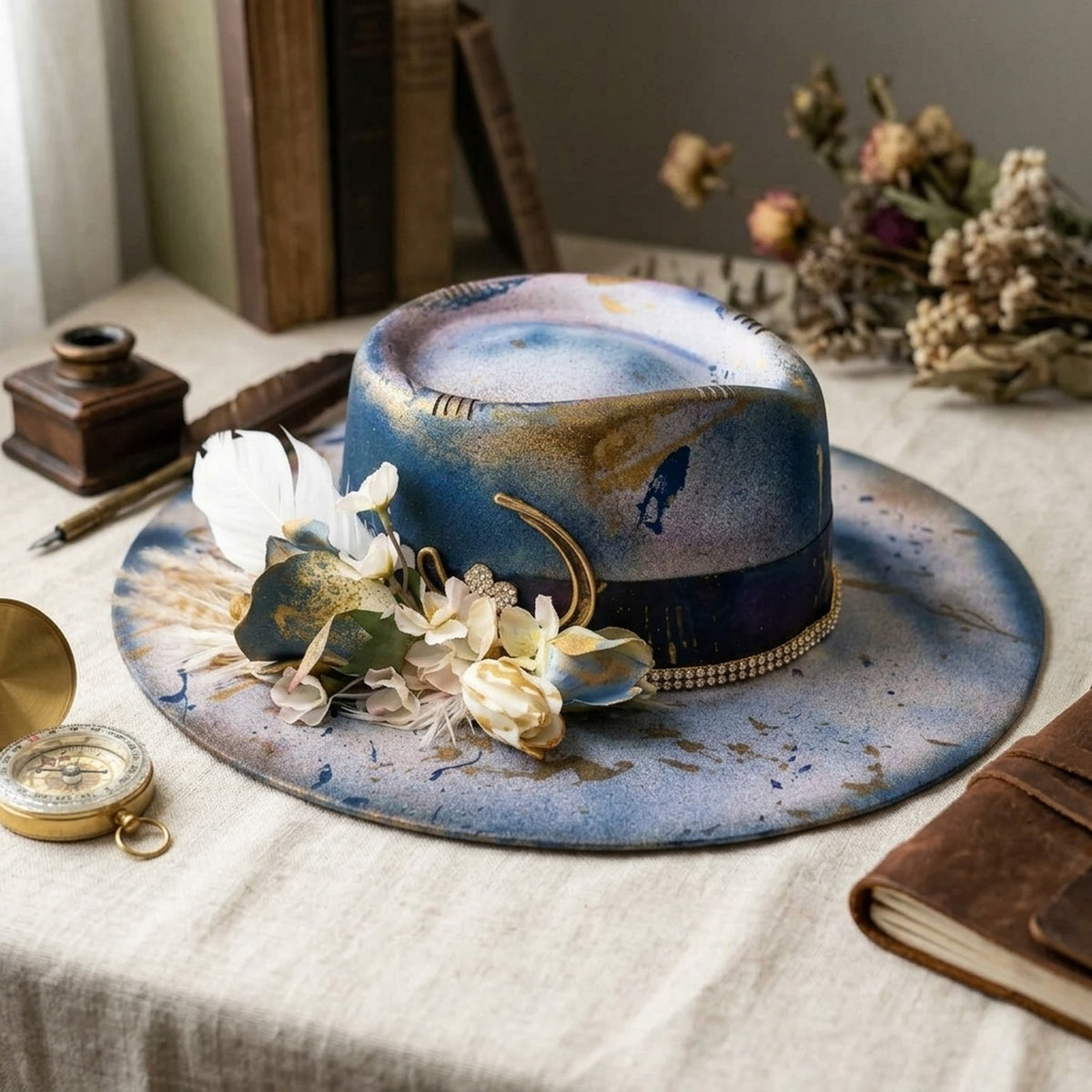 Boho Tie-Dye Fedora with Floral Accent and Rhinestone Band