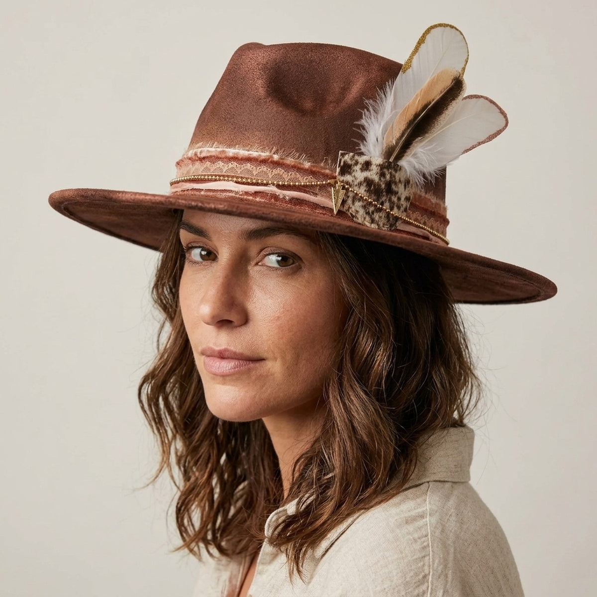 Rust Brown Fedora Lace Band Chain Feathers Leopard Accent Boho Hat