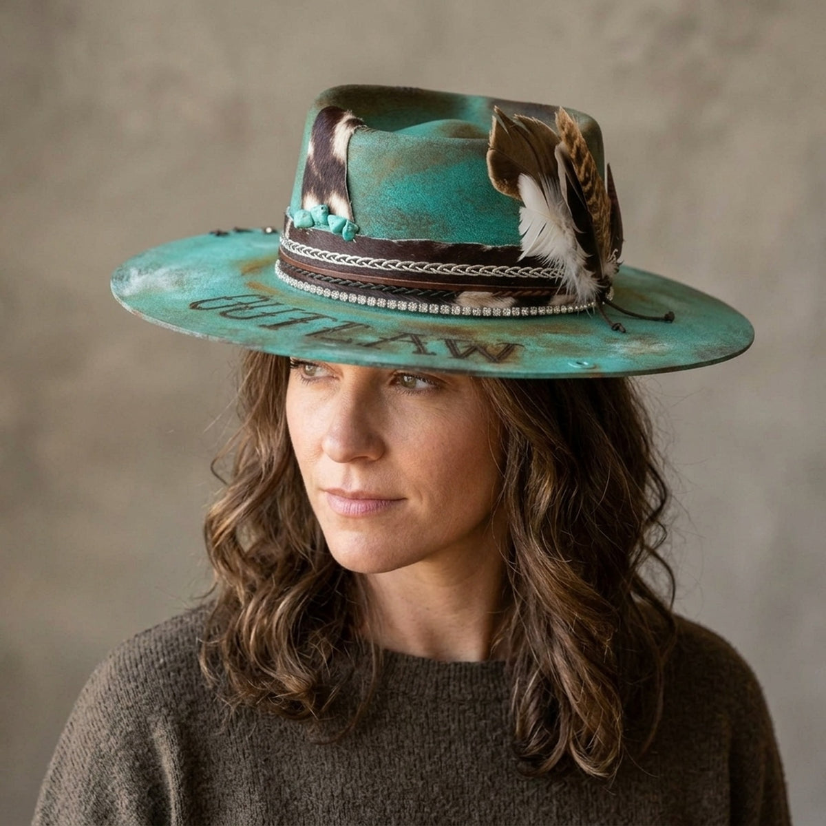 Turquoise Felt Fedora Hat with Feather and Crystal Band
