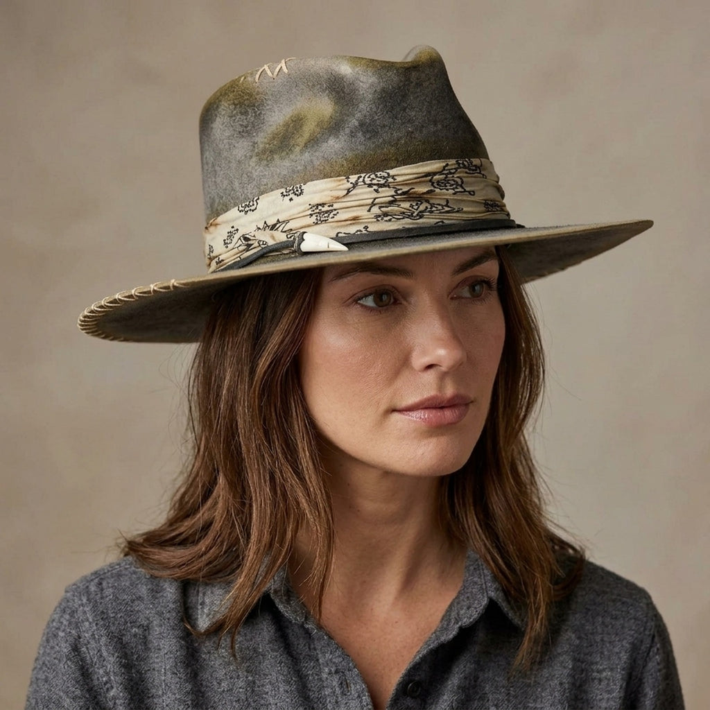 Olive Felt Western Hat with Bandana Band and Stitched Brim