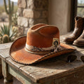 Rust Orange Western Hat with Stitched Brim and Playing Card Accent