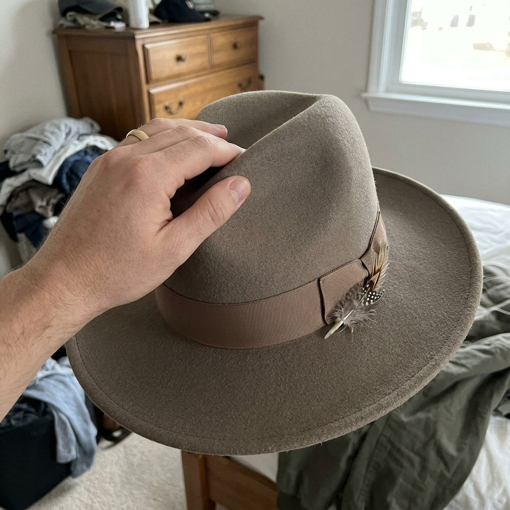 Taupe Wool Felt Fedora Hat with Subtle Feather Detail