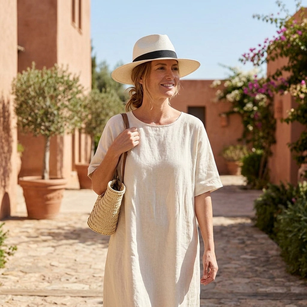 Cream Straw Fedora Hat with Black Grosgrain Band and Pinch Crown