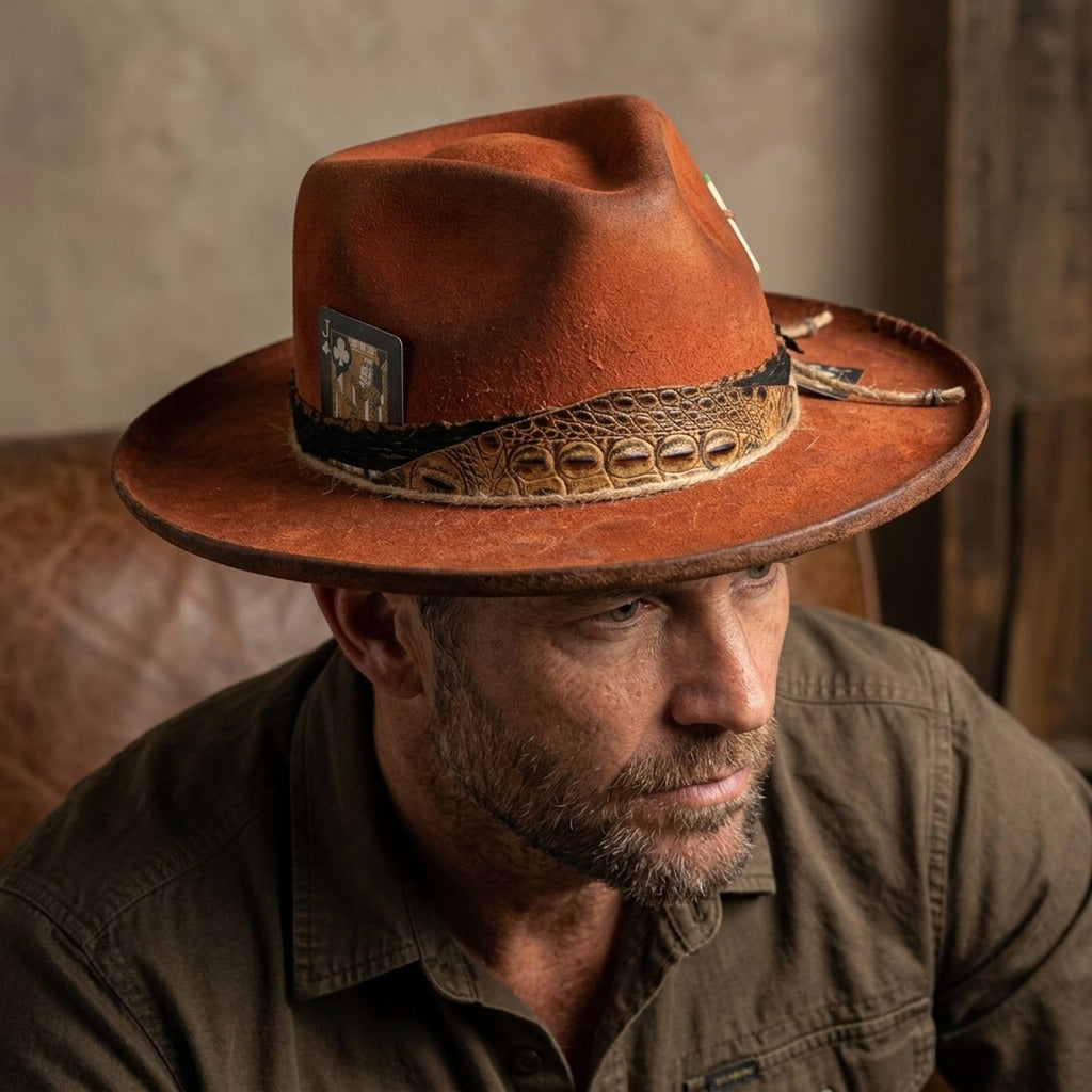Burnt Orange Felt Fedora Tooled Leather Band Playing Cards