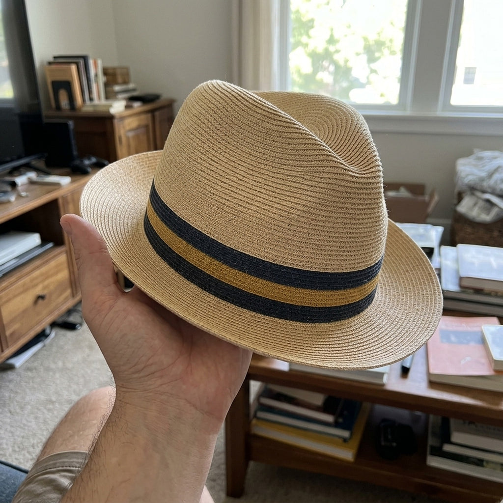 Tan Straw Fedora Hat with Navy and Mustard Striped Grosgrain Band