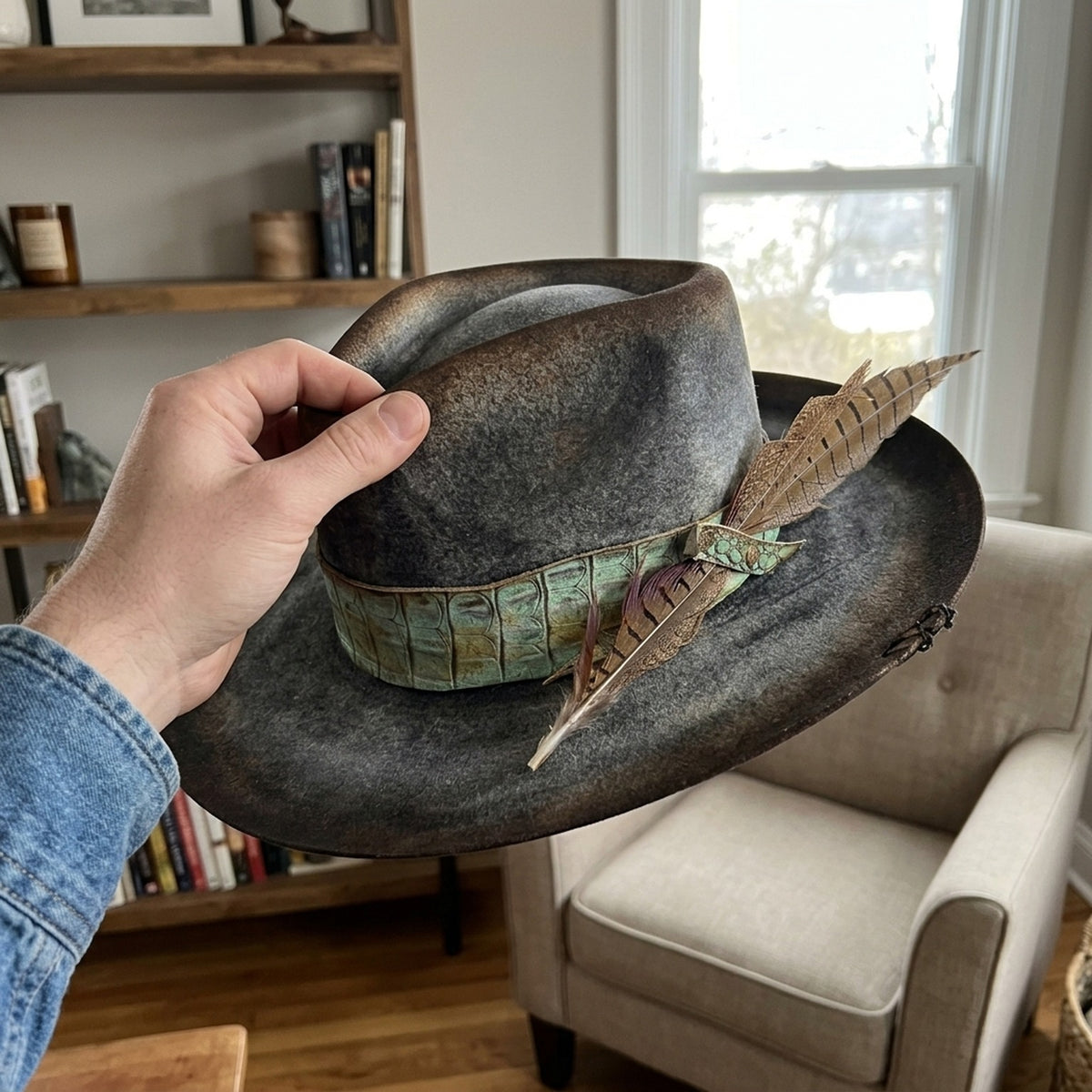 Distressed Brown Felt Fedora with Embossed Green Leather Band