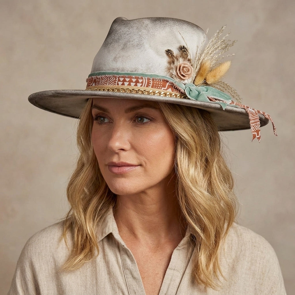 Silver Grey Felt Fedora with Dried Plumes Tribal Print Ribbon