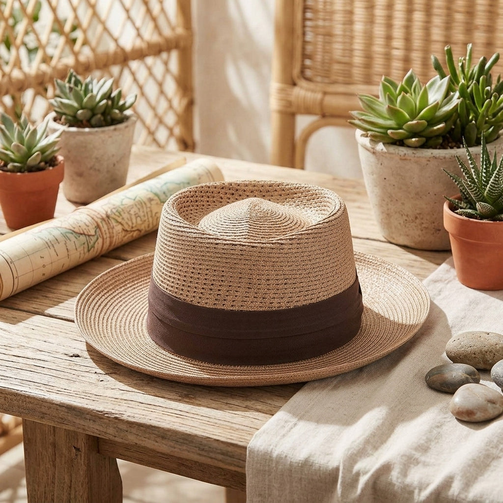 Brown Straw Fedora Hat with Open Weave Crown and Wide Band