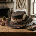 Vintage Brown Pork Pie Hat with Playing Cards and Feather Band