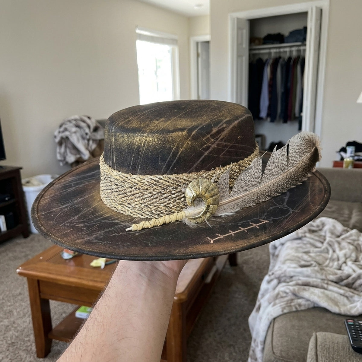 Dark Distressed Fedora Rope Band Speckled Feather Boho Ranch Hat