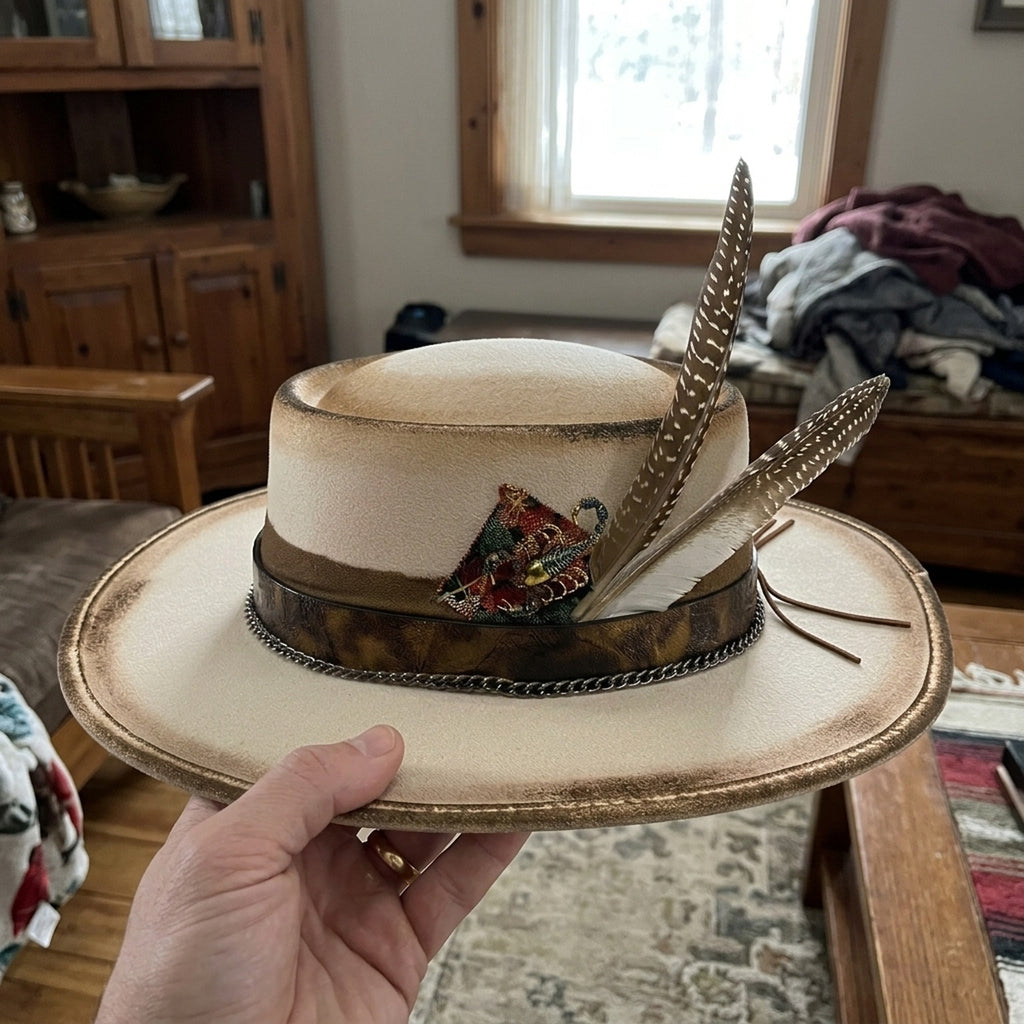Cream Flat Crown Panama Hat with Leather Band and Feathers