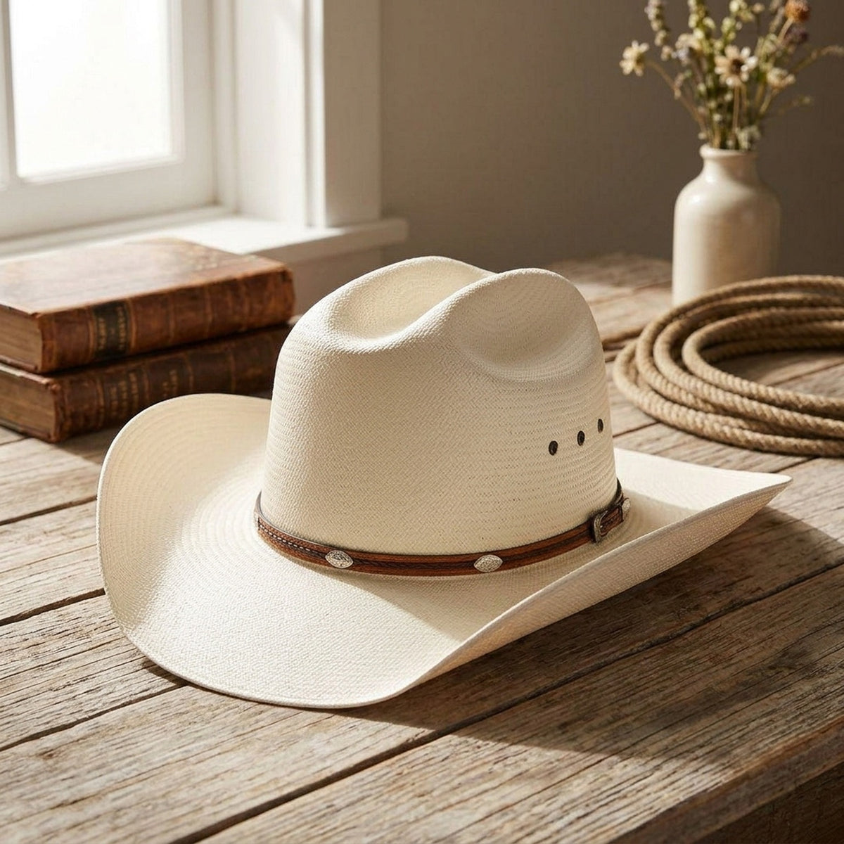 Unisex White Straw Cowboy Hat with Braided Leather Concho Band