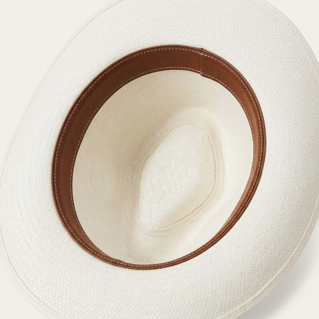 White Straw Fedora Hat with Braided Brown Leather Band Detail
