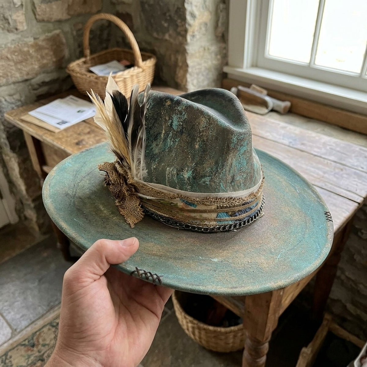 Teal Distressed Fedora with Burlap Bow and Feather Cluster