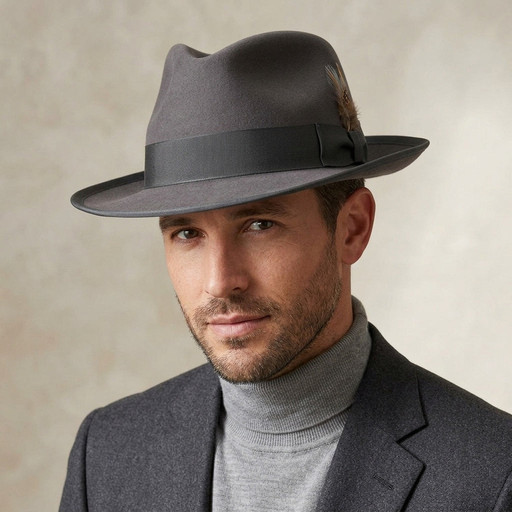 Gray Wool Felt Fedora with Feather Accent and Contrast Trim