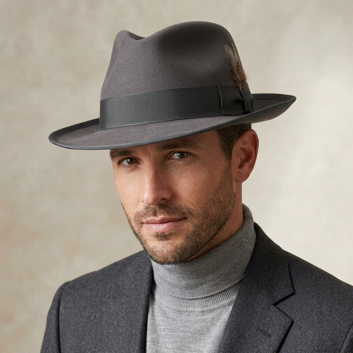 Gray Wool Felt Fedora with Feather Accent and Contrast Trim