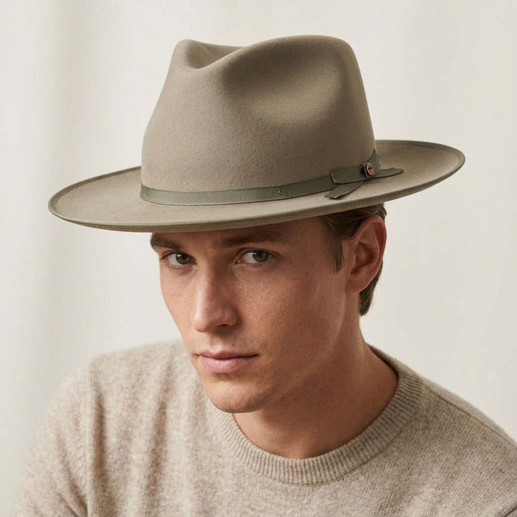 Sage Green Fedora With Wide Flat Brim and Ribbon Trim