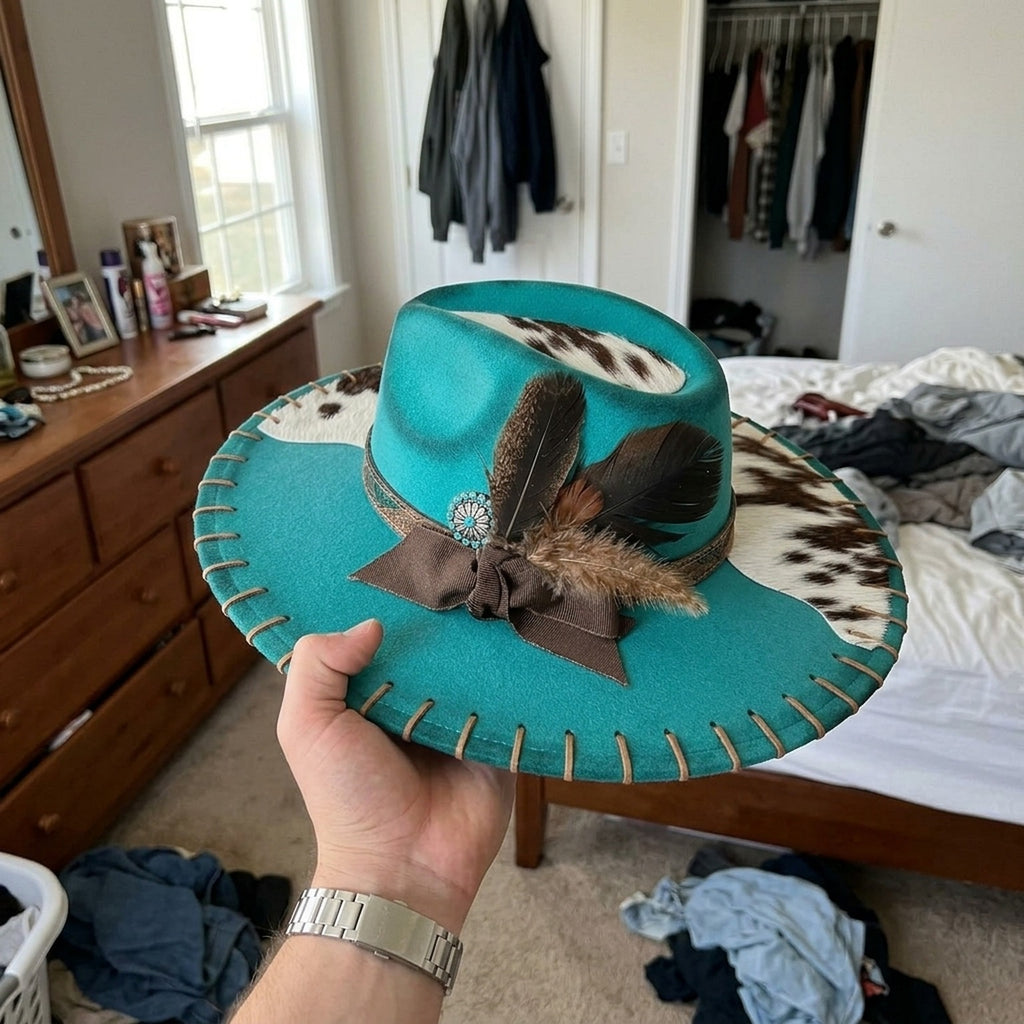 Teal Satin Cowboy Hat with Cow Print Brim and Feather Cluster
