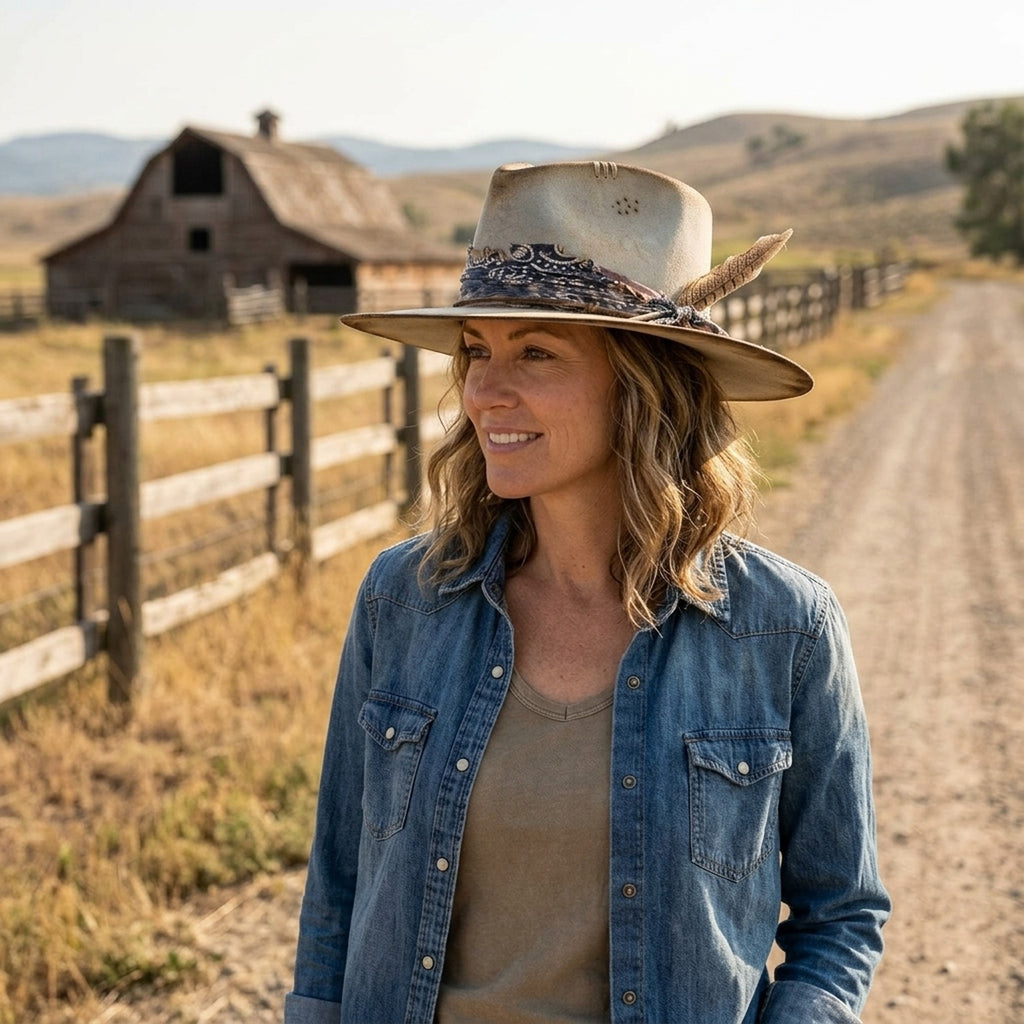Beige Distressed Western Hat with Paisley Band and Feather