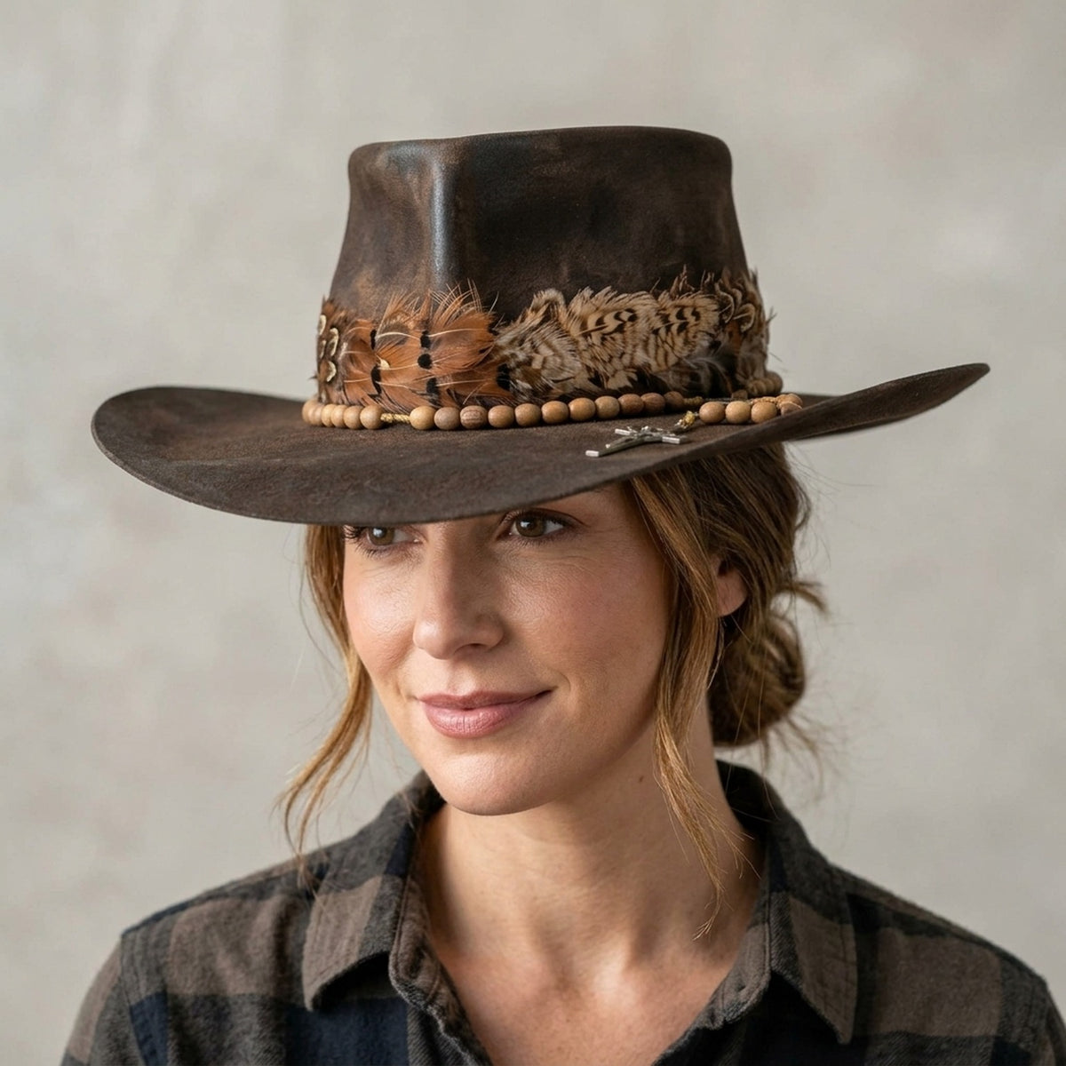 Brown Western Hat With Feather Band Rosary Cross Vintage Ranch Style