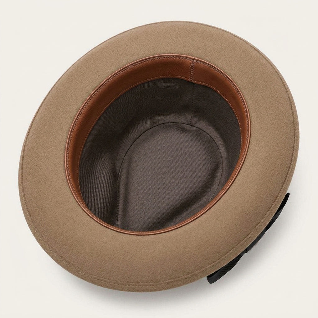 Camel Felt Fedora Hat with Black Grosgrain Band and Pinch Crown