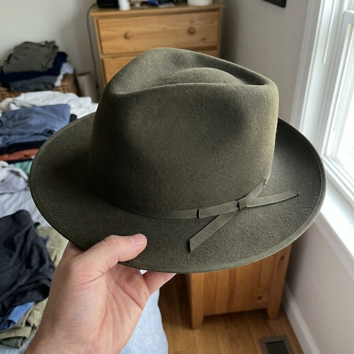 Dark Olive Felt Fedora Hat with Matching Ribbon Bow Detail