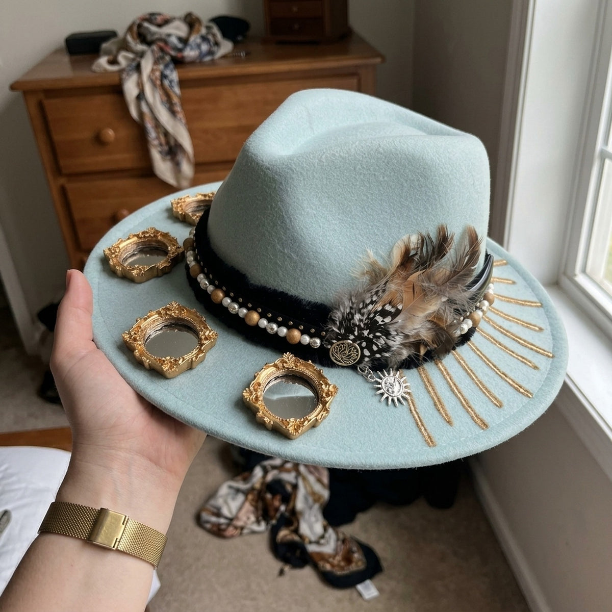 Powder Blue Wide Brim Felt Floppy Hat with Mini Frames Pearls