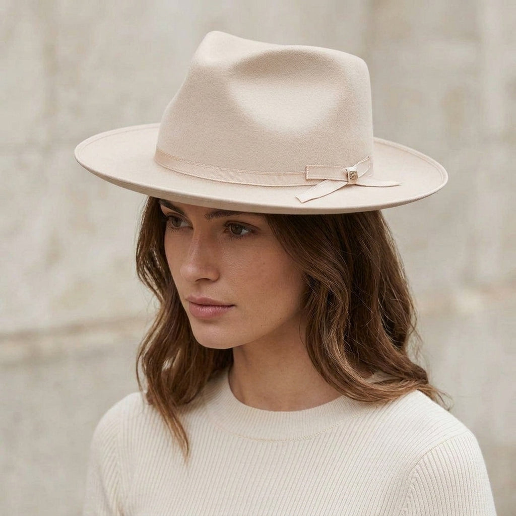 Cream Felt Fedora Hat with Grosgrain Band - Classic Style